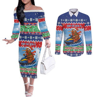 New Zealand Christmas Couples Matching Off The Shoulder Long Sleeve Dress and Long Sleeve Button Shirt Funny Jet Ride Kiwi Xmas - Polynesian Pride