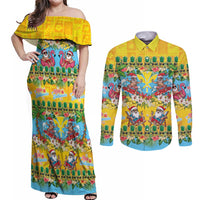Hawaii Christmas Couples Matching Off Shoulder Maxi Dress and Long Sleeve Button Shirt Mele Kalikimaka Tropical Vibes - Polynesian Pride