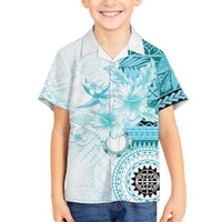 Samoa Siapo Pattern With Teal Hibiscus Family Matching Puletasi and Hawaiian Shirt LT05 Son's Shirt Teal - Polynesian Pride