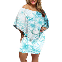 Samoa Siapo Pattern With Teal Hibiscus Off Shoulder Short Dress LT05 Women Teal - Polynesian Pride