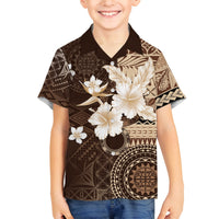 Samoa Siapo Pattern With Brown Hibiscus Family Matching Off Shoulder Maxi Dress and Hawaiian Shirt LT05 Son's Shirt Brown - Polynesian Pride