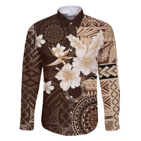 Samoa Siapo Pattern With Brown Hibiscus Family Matching Summer Maxi Dress and Hawaiian Shirt LT05 Dad's Shirt - Long Sleeve Brown - Polynesian Pride
