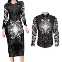 New Zealand Matariki Couples Matching Long Sleeve Bodycon Dress and Long Sleeve Button Shirt Maori Moko Black Galaxy LT05 Black - Polynesian Pride
