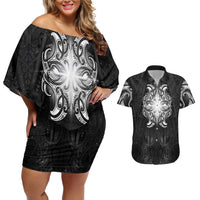 New Zealand Matariki Couples Matching Off Shoulder Short Dress and Hawaiian Shirt Maori Moko Black Galaxy LT05 Black - Polynesian Pride