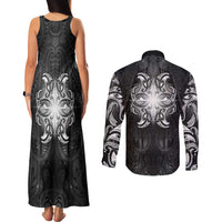 New Zealand Matariki Couples Matching Tank Maxi Dress and Long Sleeve Button Shirt Maori Moko Black Galaxy LT05 - Polynesian Pride