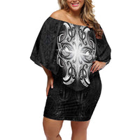 New Zealand Matariki Family Matching Off Shoulder Short Dress and Hawaiian Shirt Maori Moko Black Galaxy LT05 Mom's Dress Black - Polynesian Pride