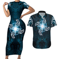 New Zealand Matariki Waita Couples Matching Short Sleeve Bodycon Dress and Hawaiian Shirt Maori Moko Dark Blue Galaxy LT05 Blue - Polynesian Pride