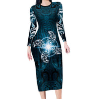 New Zealand Matariki Waita Family Matching Long Sleeve Bodycon Dress and Hawaiian Shirt Maori Moko Dark Blue Galaxy LT05 Mom's Dress Blue - Polynesian Pride