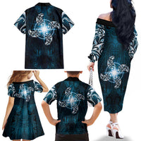 New Zealand Matariki Waita Family Matching Off The Shoulder Long Sleeve Dress and Hawaiian Shirt Maori Moko Dark Blue Galaxy LT05 - Polynesian Pride