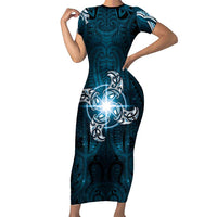 New Zealand Matariki Waita Short Sleeve Bodycon Dress Maori Moko Dark Blue Galaxy
