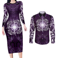 New Zealand Matariki Waipunarangi Couples Matching Long Sleeve Bodycon Dress and Long Sleeve Button Shirt Maori Moko Purple Galaxy LT05 Purple - Polynesian Pride