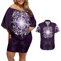 New Zealand Matariki Waipunarangi Couples Matching Off Shoulder Short Dress and Hawaiian Shirt Maori Moko Purple Galaxy LT05 Purple - Polynesian Pride