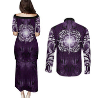 New Zealand Matariki Waipunarangi Couples Matching Puletasi and Long Sleeve Button Shirt Maori Moko Purple Galaxy LT05 - Polynesian Pride