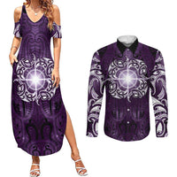 New Zealand Matariki Waipunarangi Couples Matching Summer Maxi Dress and Long Sleeve Button Shirt Maori Moko Purple Galaxy LT05 Purple - Polynesian Pride