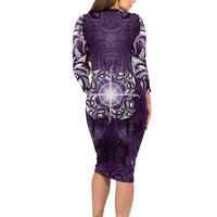New Zealand Matariki Waipunarangi Family Matching Long Sleeve Bodycon Dress and Hawaiian Shirt Maori Moko Purple Galaxy LT05 - Polynesian Pride