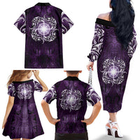 New Zealand Matariki Waipunarangi Family Matching Off The Shoulder Long Sleeve Dress and Hawaiian Shirt Maori Moko Purple Galaxy LT05 - Polynesian Pride