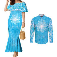 New Zealand Matariki Waiti Couples Matching Mermaid Dress and Long Sleeve Button Shirt Maori Moko Cyan Galaxy LT05 Cyan - Polynesian Pride