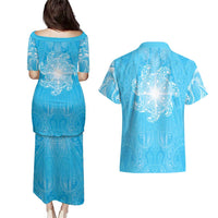 New Zealand Matariki Waiti Couples Matching Puletasi and Hawaiian Shirt Maori Moko Cyan Galaxy