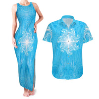 New Zealand Matariki Waiti Couples Matching Tank Maxi Dress and Hawaiian Shirt Maori Moko Cyan Galaxy LT05 Cyan - Polynesian Pride