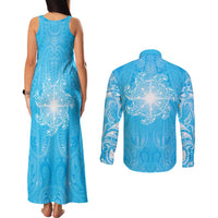 New Zealand Matariki Waiti Couples Matching Tank Maxi Dress and Long Sleeve Button Shirt Maori Moko Cyan Galaxy LT05 - Polynesian Pride