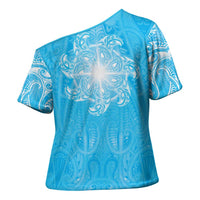 New Zealand Matariki Waiti Cross Shoulder Shirt Maori Moko Cyan Galaxy