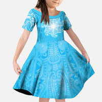 New Zealand Matariki Waiti Family Matching Off Shoulder Short Dress and Hawaiian Shirt Maori Moko Cyan Galaxy LT05 Daughter's Dress Cyan - Polynesian Pride