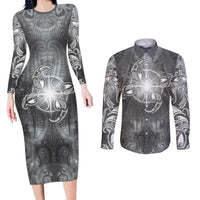 New Zealand Matariki Ururangi Couples Matching Long Sleeve Bodycon Dress and Long Sleeve Button Shirt Maori Moko Grey Galaxy LT05 Grey - Polynesian Pride