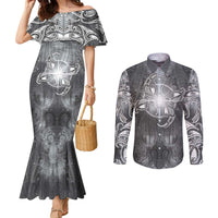 New Zealand Matariki Ururangi Couples Matching Mermaid Dress and Long Sleeve Button Shirt Maori Moko Grey Galaxy LT05 Grey - Polynesian Pride