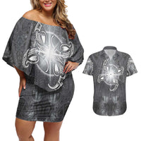 New Zealand Matariki Ururangi Couples Matching Off Shoulder Short Dress and Hawaiian Shirt Maori Moko Grey Galaxy LT05 Grey - Polynesian Pride