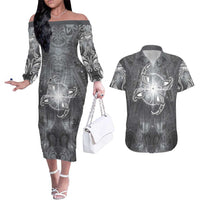 New Zealand Matariki Ururangi Couples Matching Off The Shoulder Long Sleeve Dress and Hawaiian Shirt Maori Moko Grey Galaxy LT05 Grey - Polynesian Pride