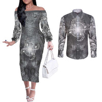 New Zealand Matariki Ururangi Couples Matching Off The Shoulder Long Sleeve Dress and Long Sleeve Button Shirt Maori Moko Grey Galaxy LT05 Grey - Polynesian Pride