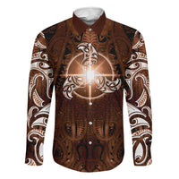 New Zealand Matariki Tupuanuku Family Matching Long Sleeve Bodycon Dress and Hawaiian Shirt Maori Moko Brown Galaxy LT05 Dad's Shirt - Long Sleeve Brown - Polynesian Pride