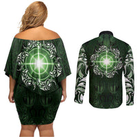 New Zealand Matariki Tupuarangi Couples Matching Off Shoulder Short Dress and Long Sleeve Button Shirt Maori Moko Green Galaxy LT05 - Polynesian Pride
