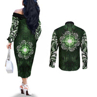 New Zealand Matariki Tupuarangi Couples Matching Off The Shoulder Long Sleeve Dress and Long Sleeve Button Shirt Maori Moko Green Galaxy LT05 - Polynesian Pride
