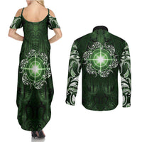 New Zealand Matariki Tupuarangi Couples Matching Summer Maxi Dress and Long Sleeve Button Shirt Maori Moko Green Galaxy LT05 - Polynesian Pride
