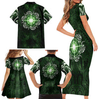 New Zealand Matariki Tupuarangi Family Matching Short Sleeve Bodycon Dress and Hawaiian Shirt Maori Moko Green Galaxy LT05 - Polynesian Pride