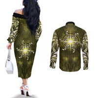 New Zealand Matariki Hiwaiterangi Couples Matching Off The Shoulder Long Sleeve Dress and Long Sleeve Button Shirt Maori Moko Yellow Galaxy LT05 - Polynesian Pride