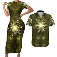 New Zealand Matariki Hiwaiterangi Couples Matching Short Sleeve Bodycon Dress and Hawaiian Shirt Maori Moko Yellow Galaxy LT05 Yellow - Polynesian Pride