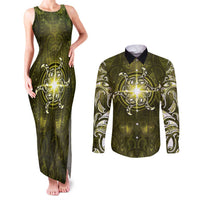 New Zealand Matariki Hiwaiterangi Couples Matching Tank Maxi Dress and Long Sleeve Button Shirt Maori Moko Yellow Galaxy LT05 Yellow - Polynesian Pride
