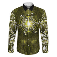 New Zealand Matariki Hiwaiterangi Family Matching Off Shoulder Short Dress and Hawaiian Shirt Maori Moko Yellow Galaxy LT05 Dad's Shirt - Long Sleeve Yellow - Polynesian Pride