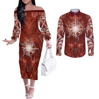 New Zealand Matariki Pohutukawa Couples Matching Off The Shoulder Long Sleeve Dress and Long Sleeve Button Shirt Maori Moko Red Galaxy LT05 Red - Polynesian Pride