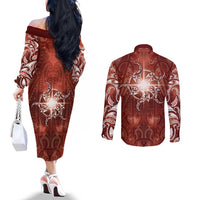 New Zealand Matariki Pohutukawa Couples Matching Off The Shoulder Long Sleeve Dress and Long Sleeve Button Shirt Maori Moko Red Galaxy LT05 - Polynesian Pride