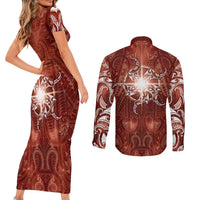 New Zealand Matariki Pohutukawa Couples Matching Short Sleeve Bodycon Dress and Long Sleeve Button Shirt Maori Moko Red Galaxy LT05 - Polynesian Pride