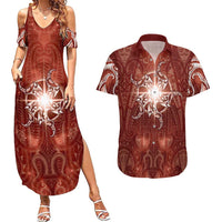 New Zealand Matariki Pohutukawa Couples Matching Summer Maxi Dress and Hawaiian Shirt Maori Moko Red Galaxy LT05 Red - Polynesian Pride