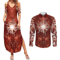 New Zealand Matariki Pohutukawa Couples Matching Summer Maxi Dress and Long Sleeve Button Shirt Maori Moko Red Galaxy LT05 Red - Polynesian Pride
