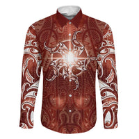 New Zealand Matariki Pohutukawa Family Matching Long Sleeve Bodycon Dress and Hawaiian Shirt Maori Moko Red Galaxy LT05 Dad's Shirt - Long Sleeve Red - Polynesian Pride