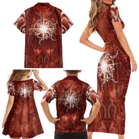 New Zealand Matariki Pohutukawa Family Matching Short Sleeve Bodycon Dress and Hawaiian Shirt Maori Moko Red Galaxy LT05 - Polynesian Pride