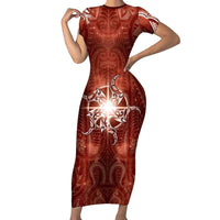 New Zealand Matariki Pohutukawa Family Matching Short Sleeve Bodycon Dress and Hawaiian Shirt Maori Moko Red Galaxy LT05 Mom's Dress Red - Polynesian Pride