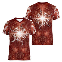 New Zealand Matariki Pohutukawa Women V-Neck T-Shirt Maori Moko Red Galaxy LT05 - Polynesian Pride