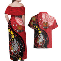 Papua New Guinea And Australia Aboriginal Couples Matching Off Shoulder Maxi Dress and Hawaiian Shirt Bird Of Paradise And Kangaroo Together LT05 - Polynesian Pride
